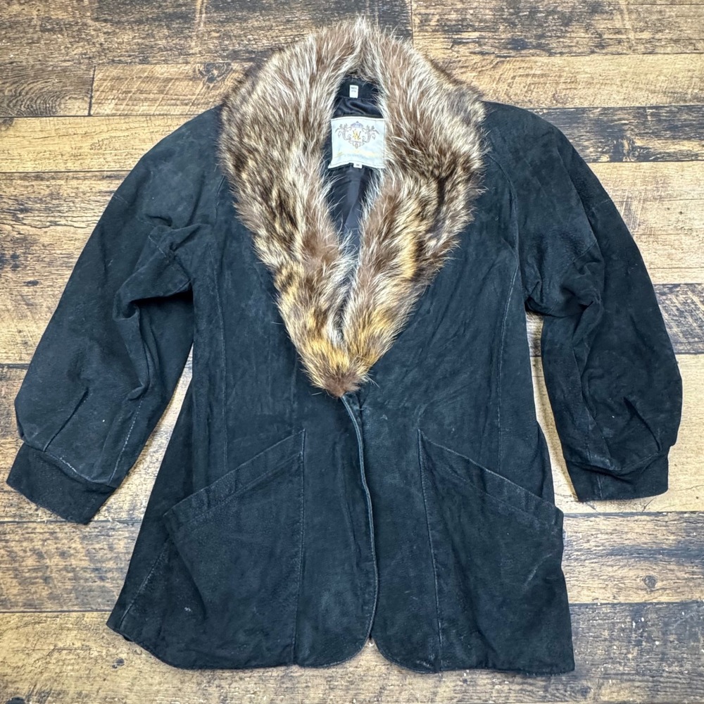 Laura Winston Suede Jacket Raccoon‎ Fur Collar Black Blazer Size M